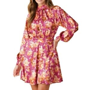 FLYING TOMATO Floral Print Long Sleeve Tie Neck satin Dress Women Sm boho Prarie
